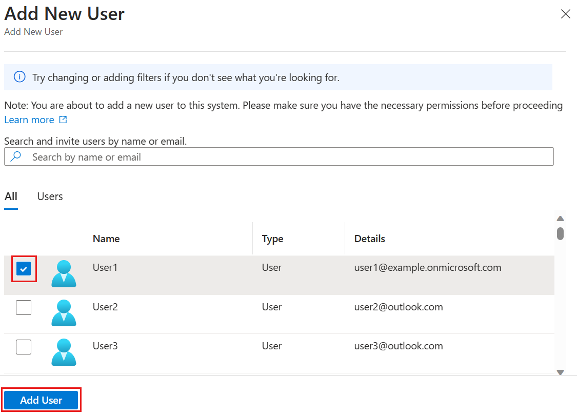 Screenshot of the Azure platform showing choosing a user to add.