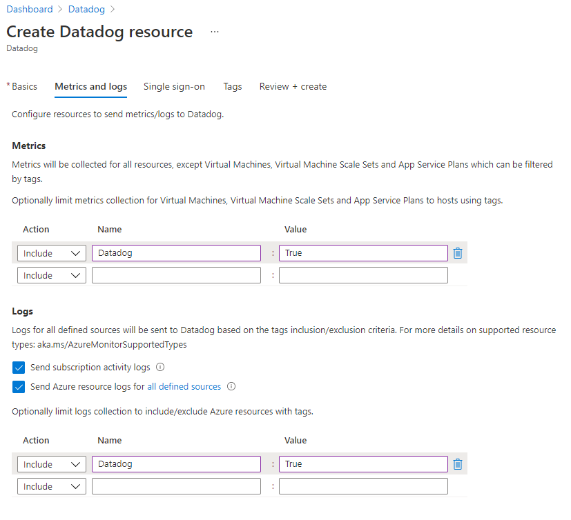 Screenshot of how to configure metrics and logs in Azure for Datadog.