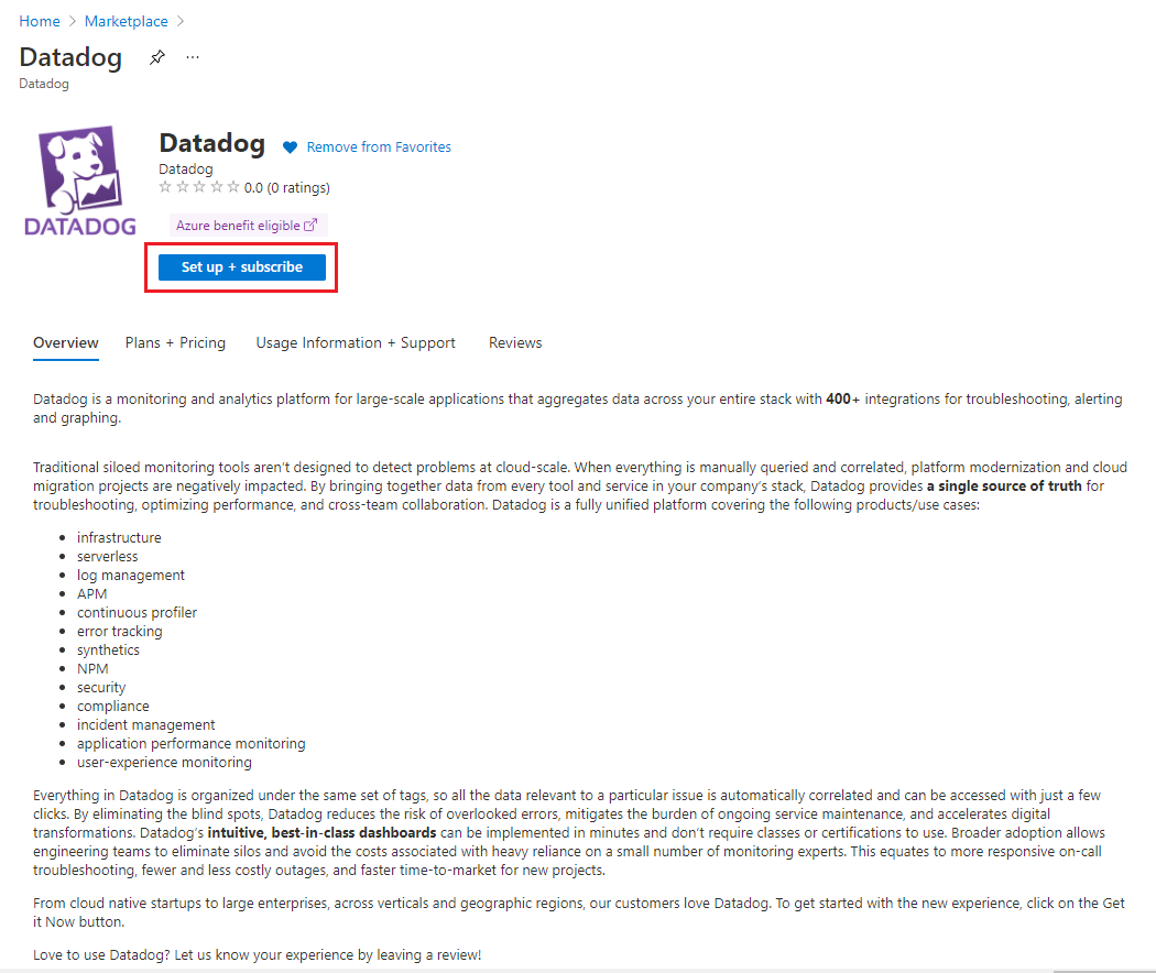 Datadog application in Azure Marketplace.
