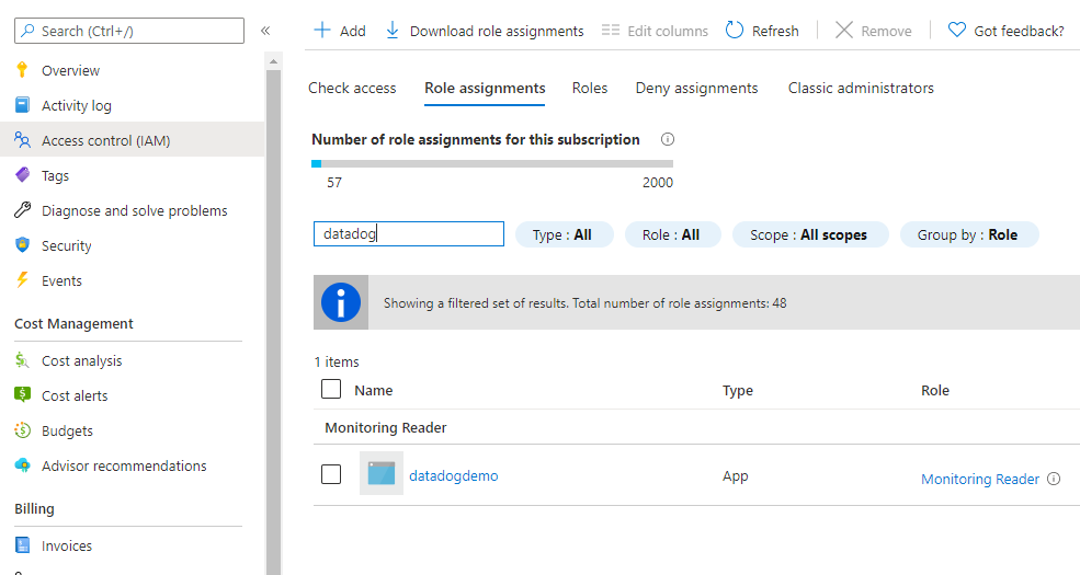 Datadog role assignment in the Azure subscription
