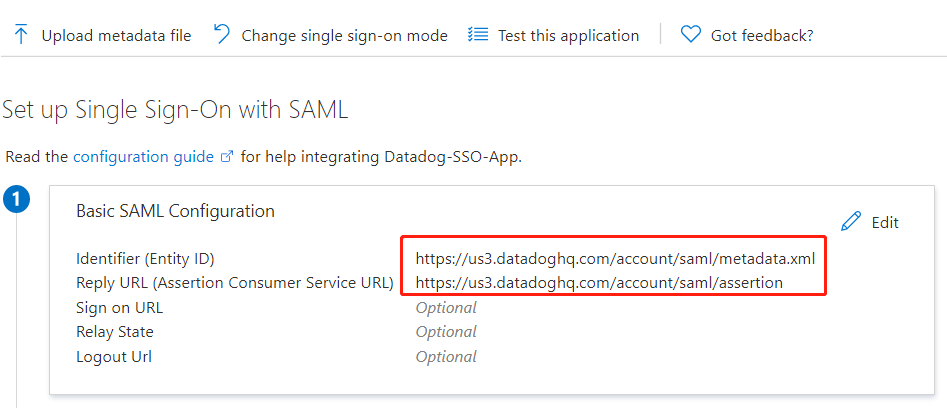 Check SAML settings for the Datadog application in Azure A D.
