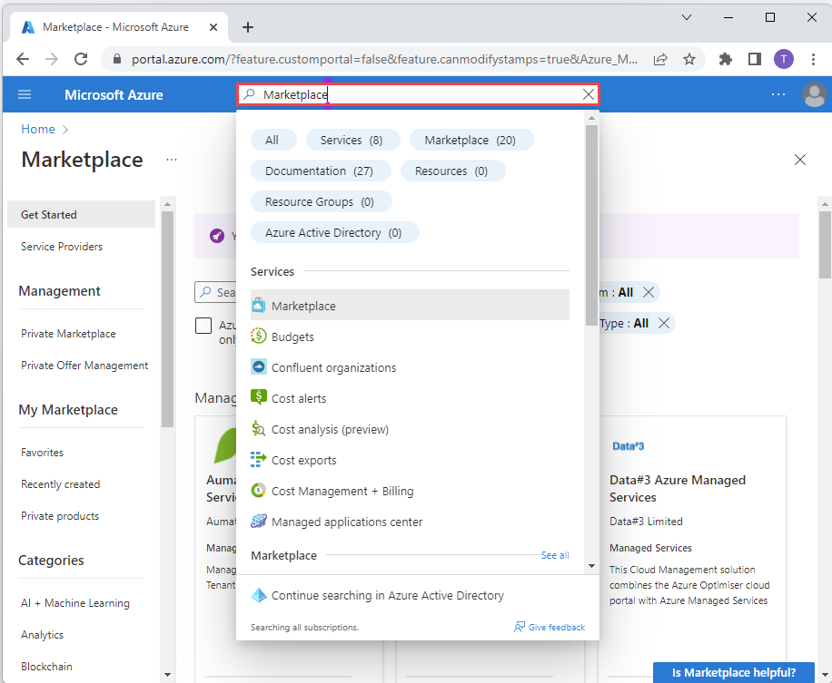 Screenshot showing a search for Marketplace in the Azure portal.