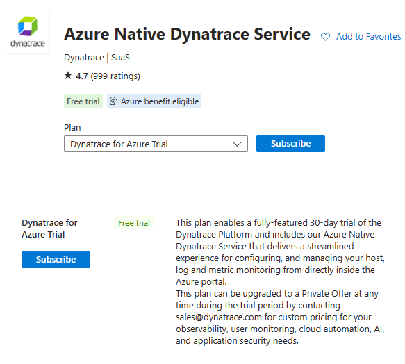 Screenshot showing the free trial within the Dynatrace pricing plans in the Azure portal.
