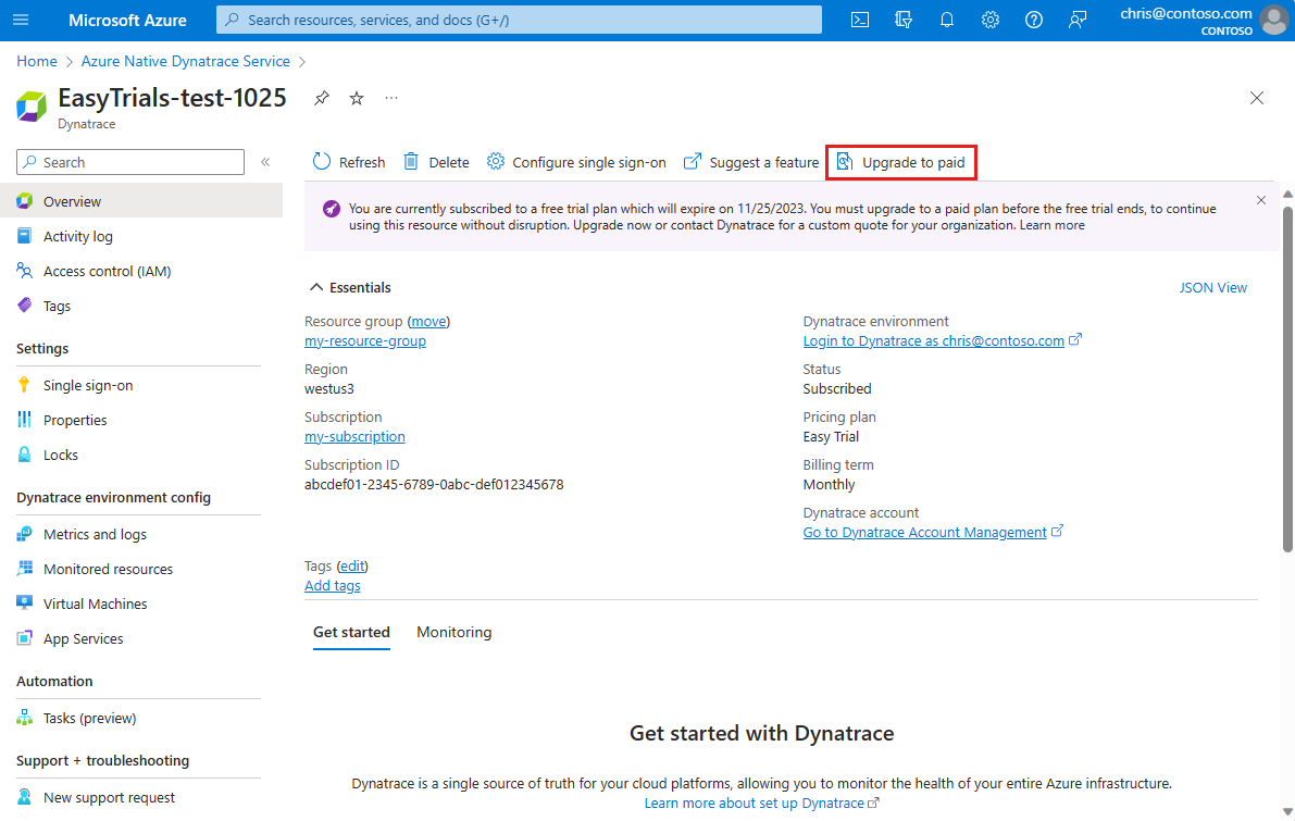 Screenshot showing the option to upgrade to a Dynatrace paid plan in the Azure portal.