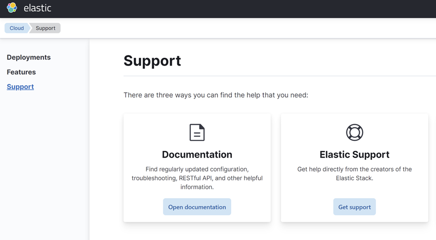 Screenshot of opening a support ticket on the Elastic site.