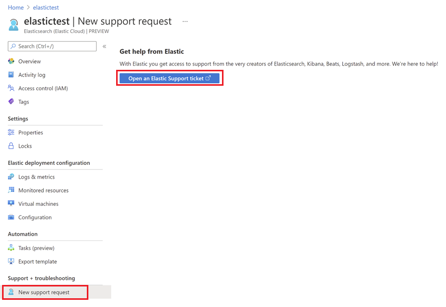 Screenshot of opening a support ticket for the Elastic integration with Azure.