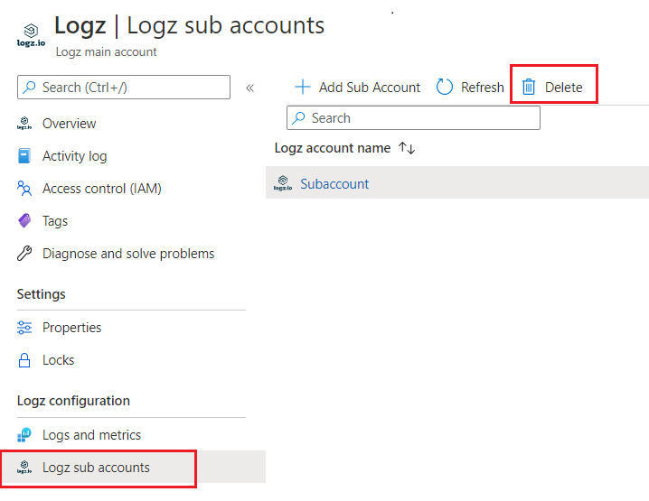 Delete a Logz.io sub account from Logz configuration.