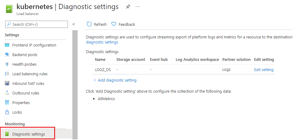 Screenshot of the Azure monitoring diagnostic settings for Logz.io.
