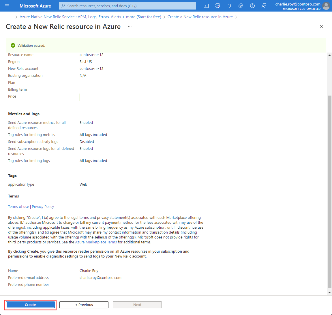 Create an instance of Azure Native New Relic Service Azure