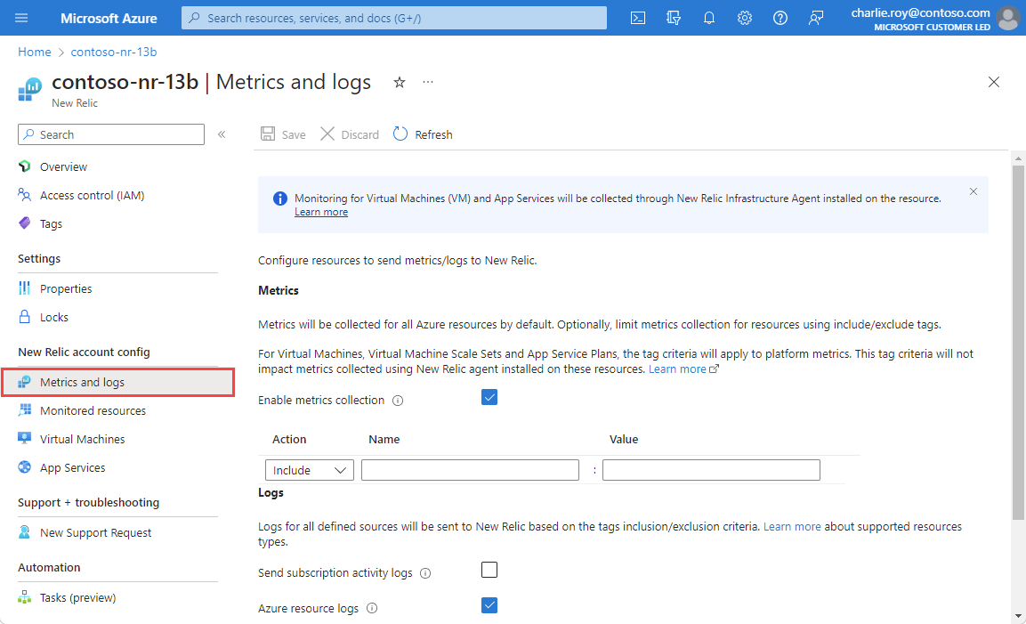 Screenshot that shows metrics and logs for a New Relic resource.