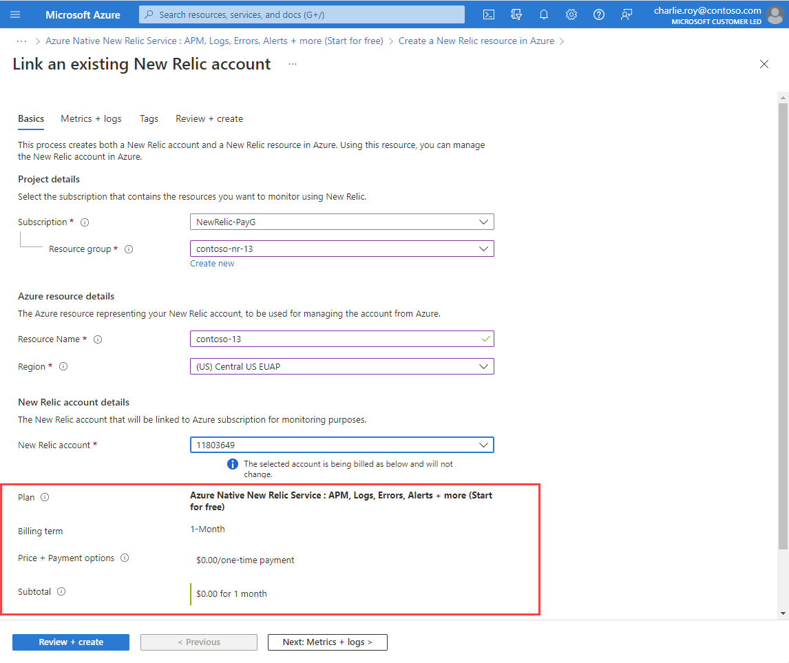 Link Azure Native New Relic Service to an existing account Azure