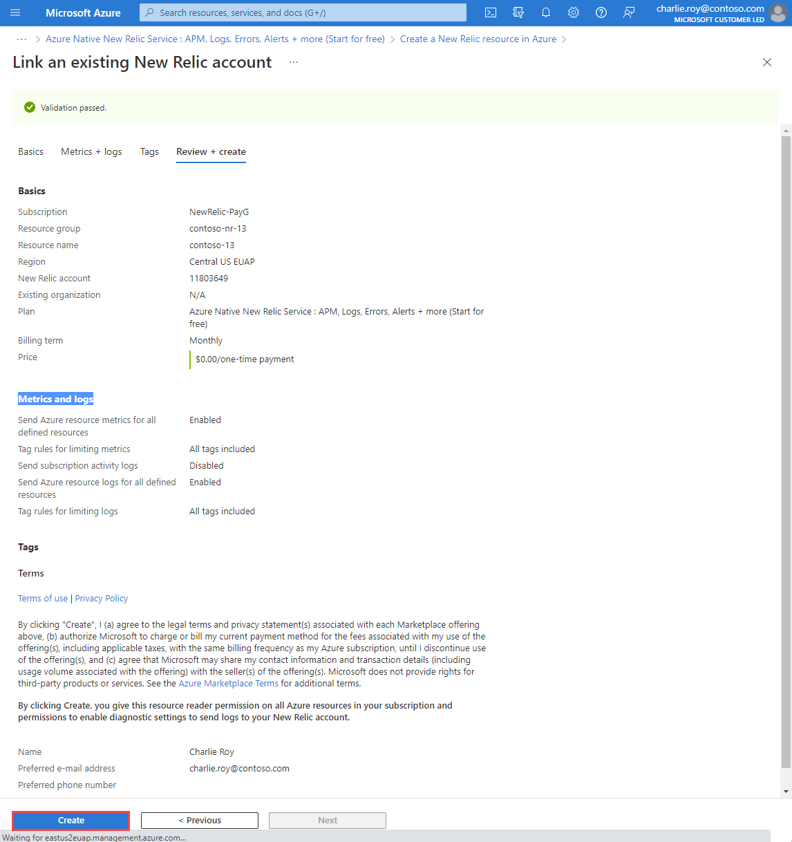 Screenshot that shows the tab for reviewing and creating a New Relic resource, with a summary of completed information.