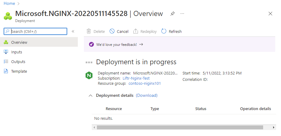 Screenshot showing NGINXaaS deployment in process.