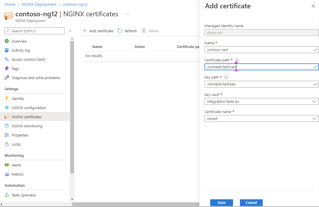 Screenshot of the add certificate pane.