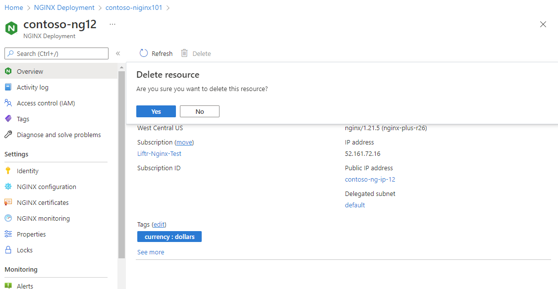 Screenshot showing the final confirmation of delete for NGINXaaS resource.