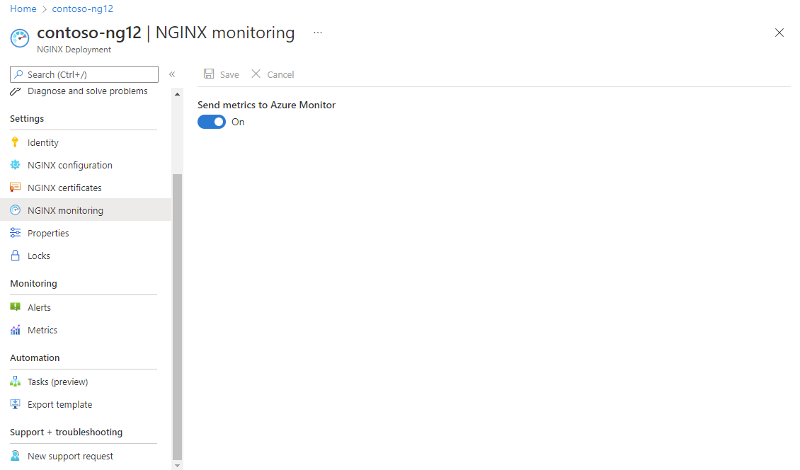 Screenshot of NGINXaaS monitoring in Azure metrics.