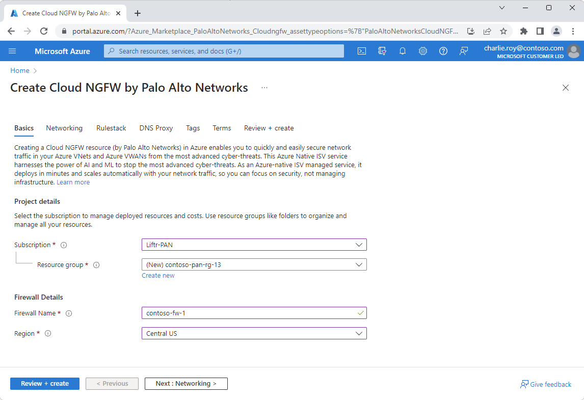 Screenshot of Basics tab of the Palo Alto Networks create experience.