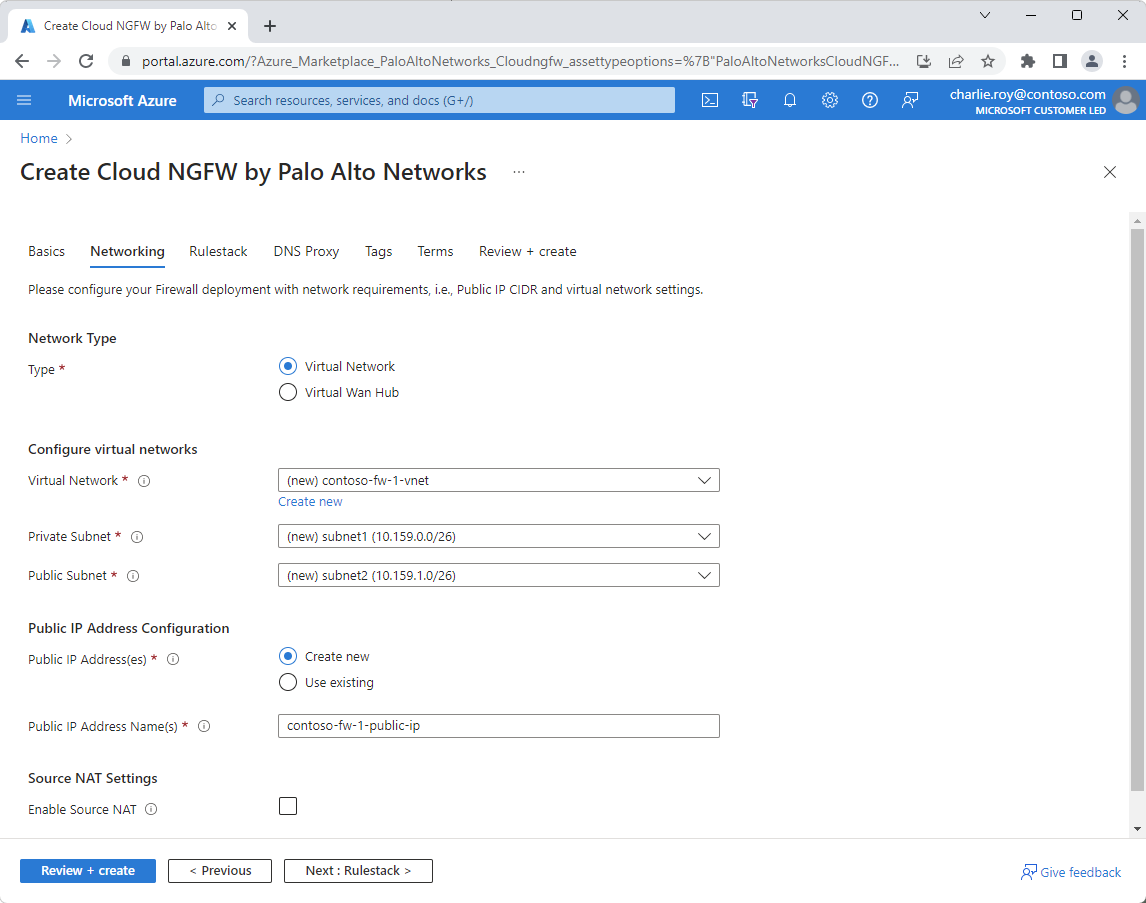 Screenshot of the networking pane in the Palo Alto Networks create experience.