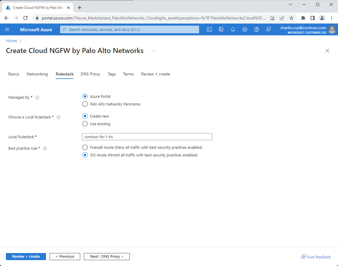 Screenshot of the Rulestack in the Palo Alto Networks create experience.