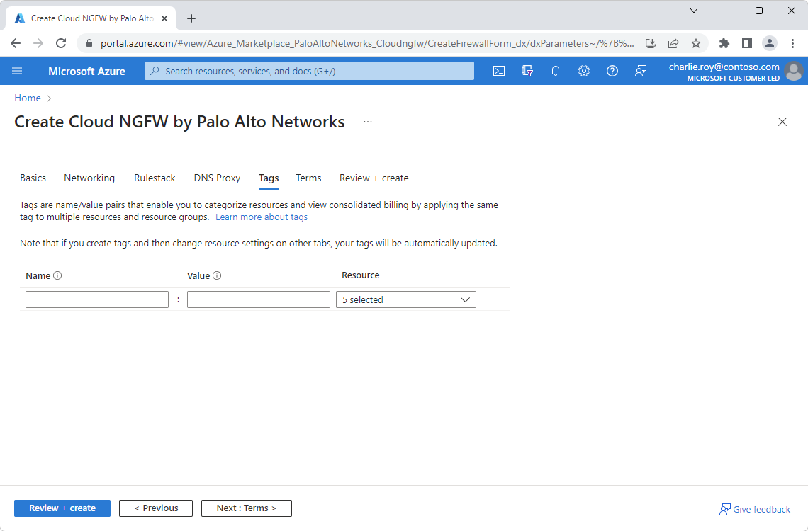 Screenshot showing the tags pane in the Palo Alto Networks create experience.