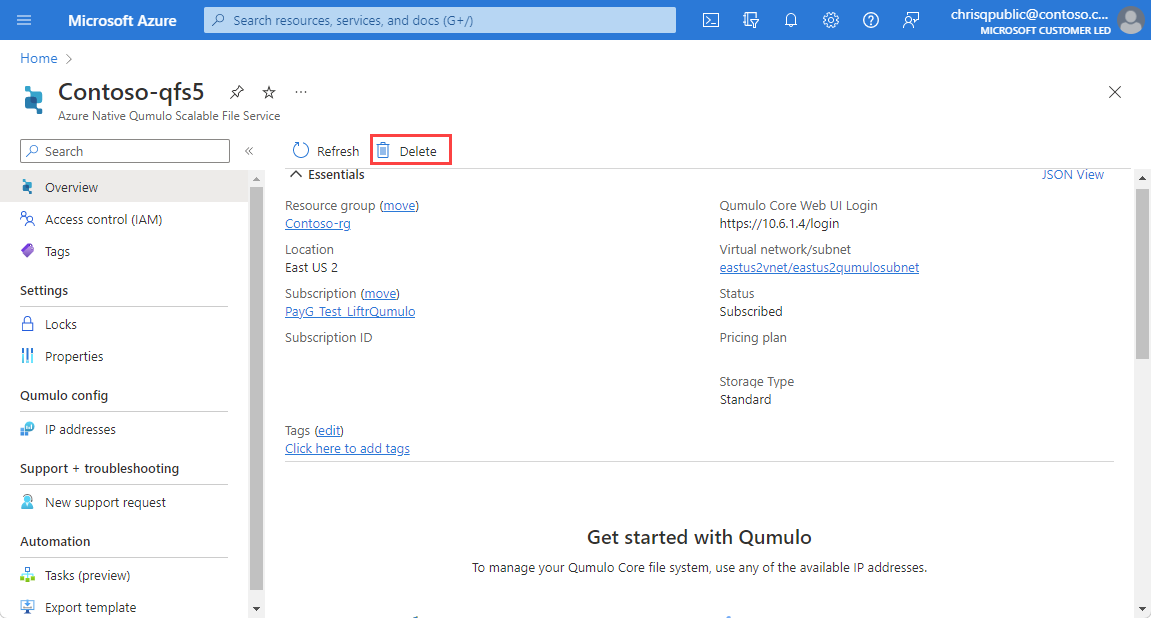 Screenshot of a Qumulo overview with the delete button.