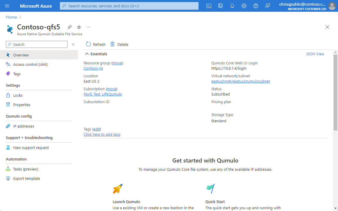 Screenshot that shows selections for getting details about a Qumulo resource.