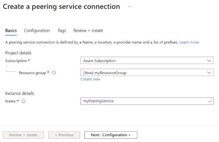 Screenshot of the Basics tab of Create a peering service connection in Azure portal.