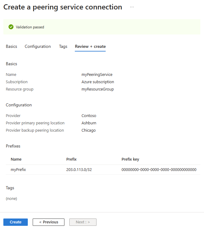 Screenshot of the Review + create tab of Create a peering service connection in Azure portal.