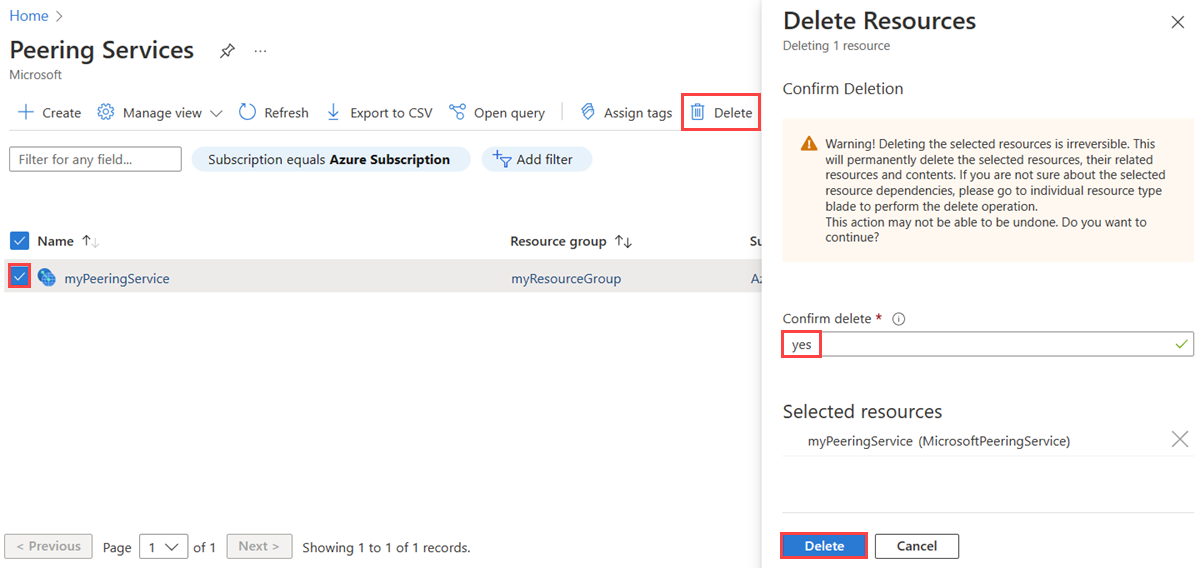 Screenshot of deleting a Peering Service in Azure portal.