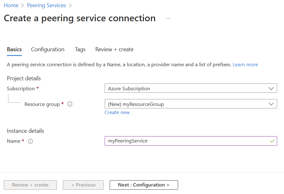 Screenshot shows the Basics tab of creating a Peering Service connection in the Azure portal.