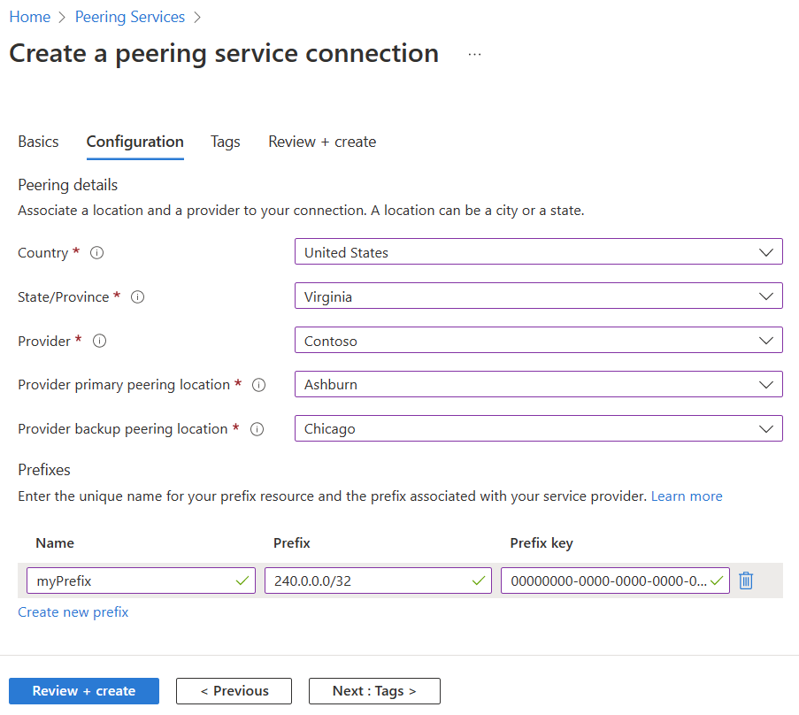Screenshot shows the Configuration tab of creating a Peering Service connection in the Azure portal.