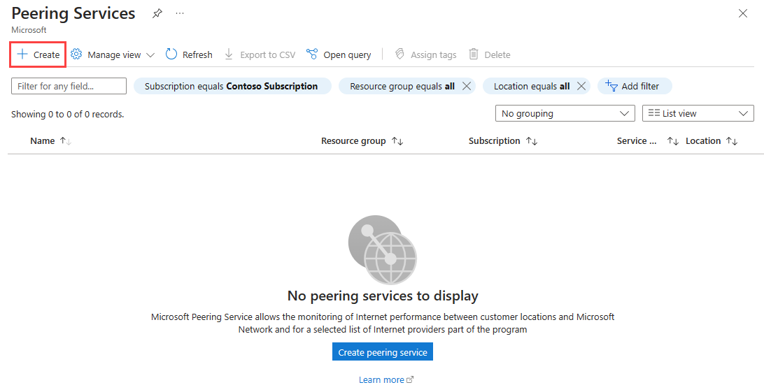 Screenshot shows the list of existing Peering Service connections in the Azure portal.
