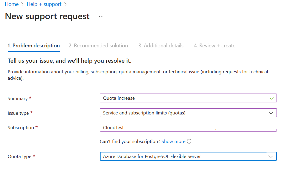 Create a new Azure Database for PostgreSQL flexible server request for quota increase.