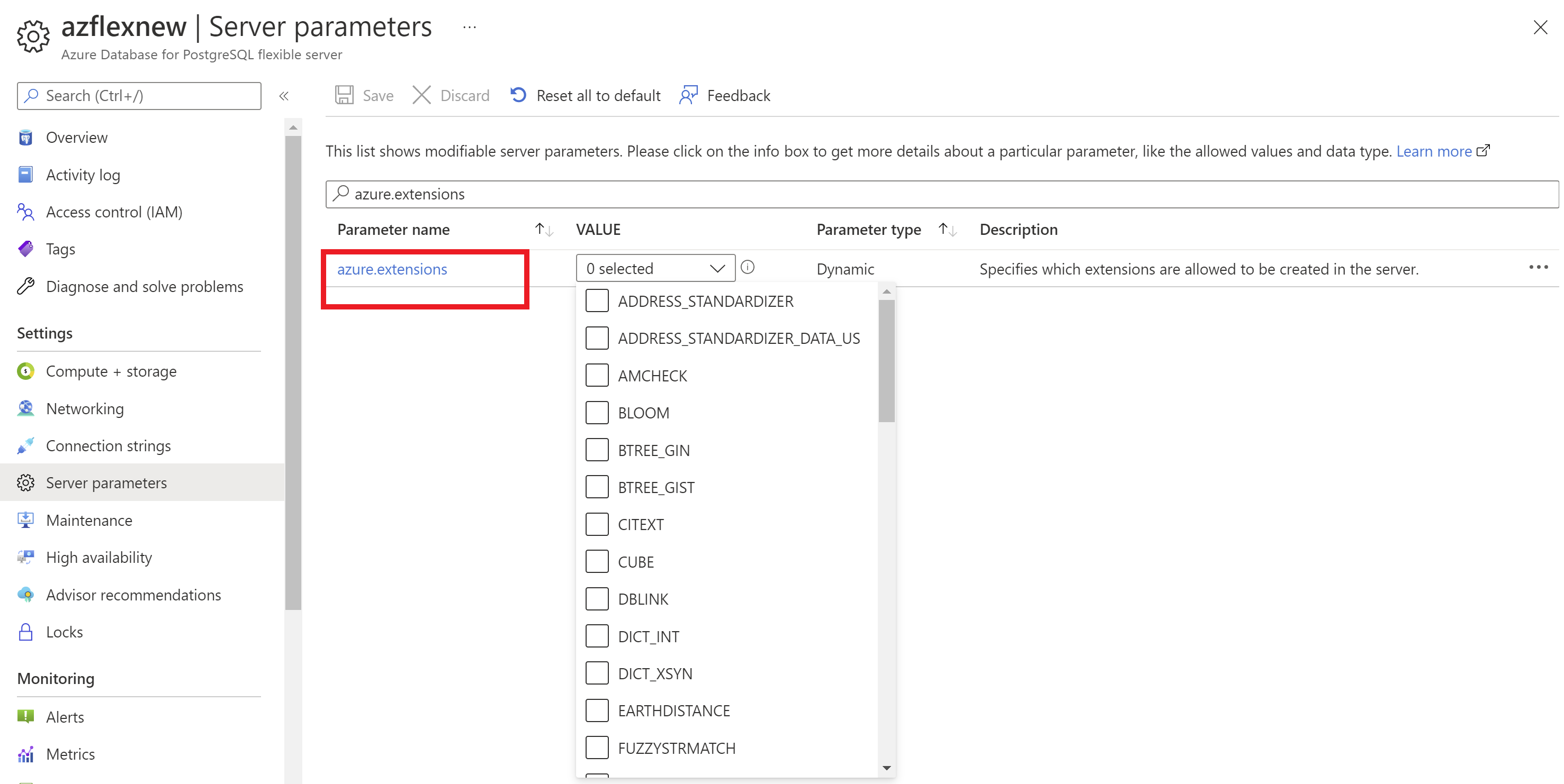  Screenshot showing Azure Database for PostgreSQL - allow-listing extensions for installation 