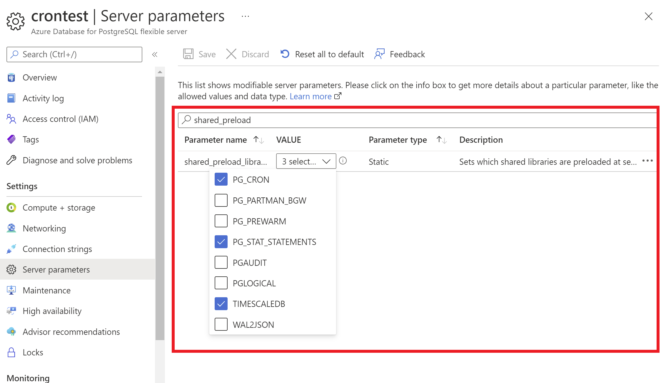  Screenshot showing Azure Database for PostgreSQL -setting shared preload libraries parameter setting  for extensions installation.