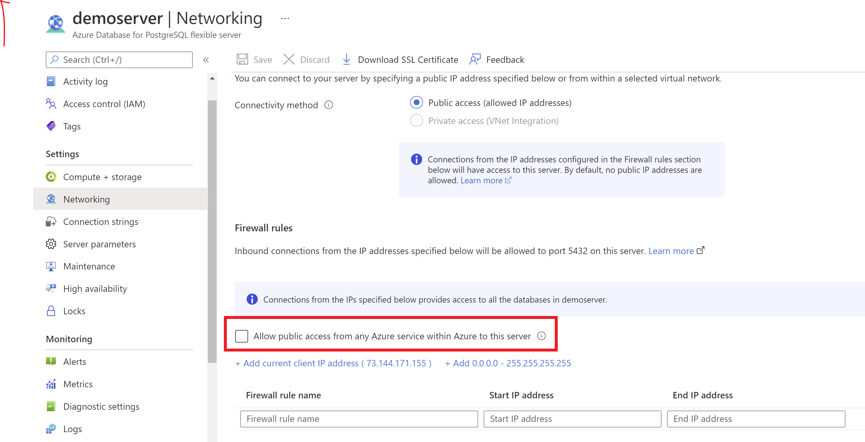 Screenshot that shows selections for allowing access to Azure services in the portal.
