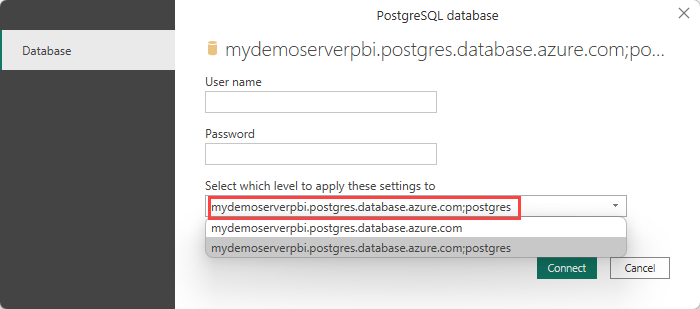 Screenshot of entering credentials to connect with Azure Database for PostgreSQL flexible server database.