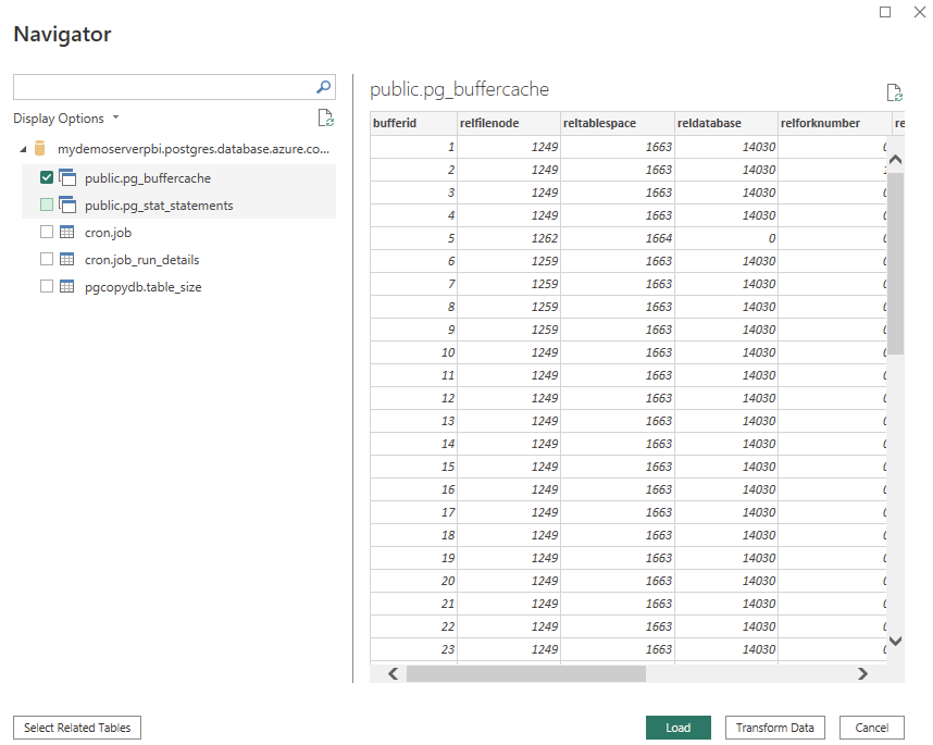 Screenshot of navigator to view Azure Database for PostgreSQL flexible server tables.