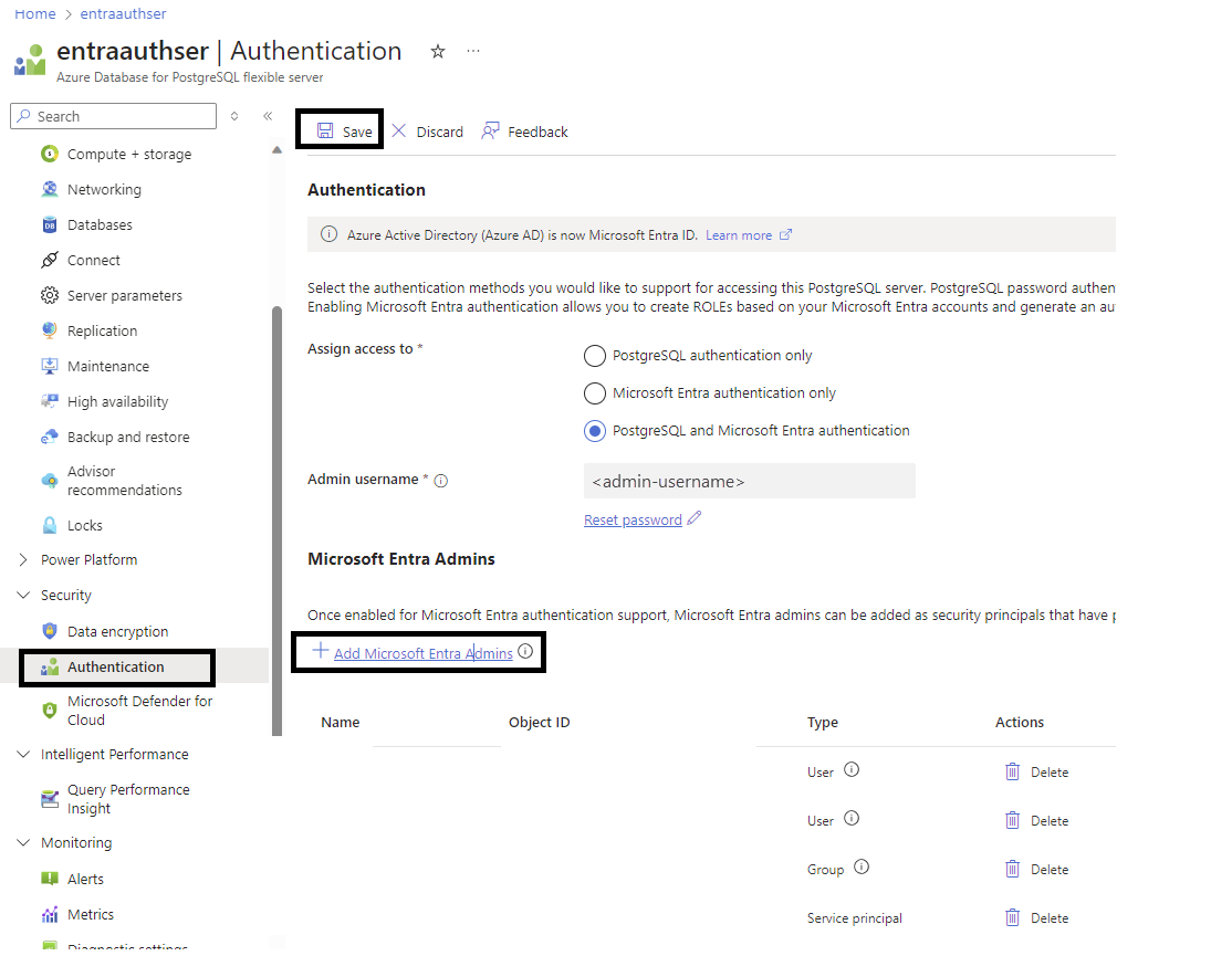 Screenshot that shows selections for setting a Microsoft Entra admin after server creation.