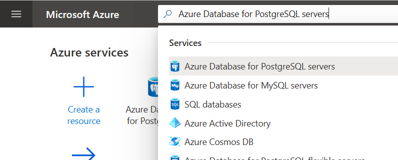Screenshot that shows how to search and select Azure Database for PostgreSQL.