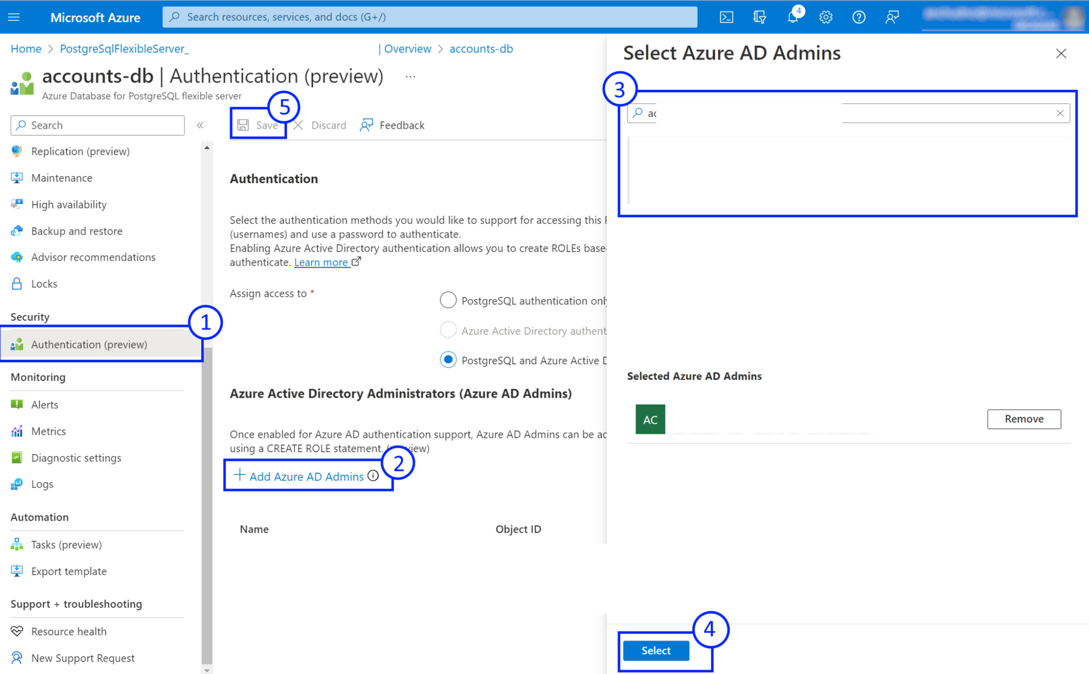 Screenshot of managing Azure AD administrators via portal.