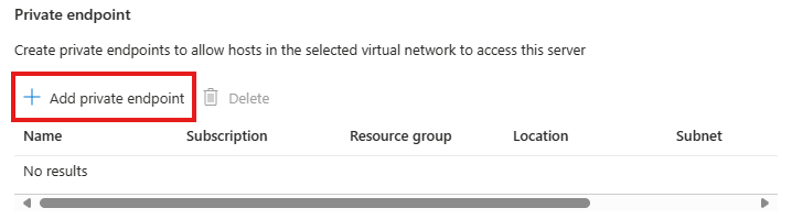 Screenshot of the button for adding a private endpoint on the Networking pane in the Azure portal.