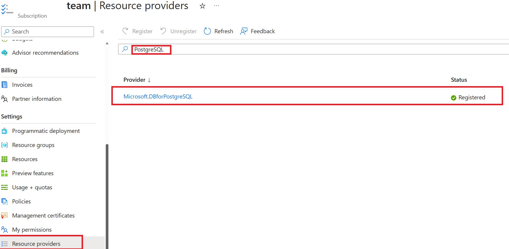 Screenshot of Register PostgreSQL Resource Provider.