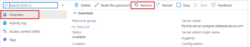 Screenshot that shows a server overview and the Restore button.