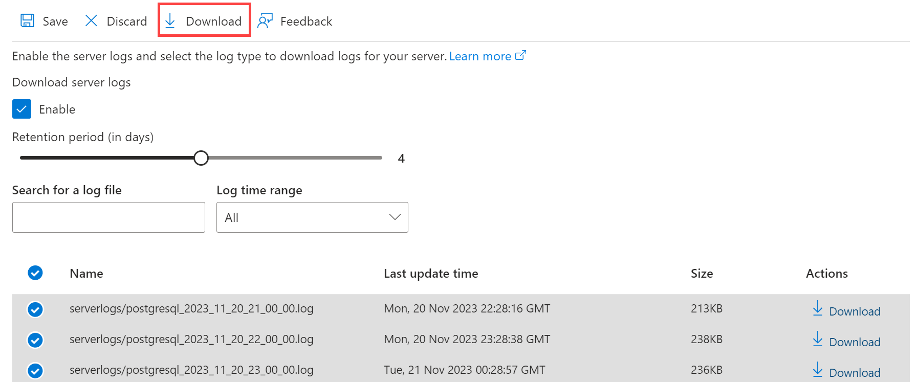 Screenshot showing server Logs - Download all.