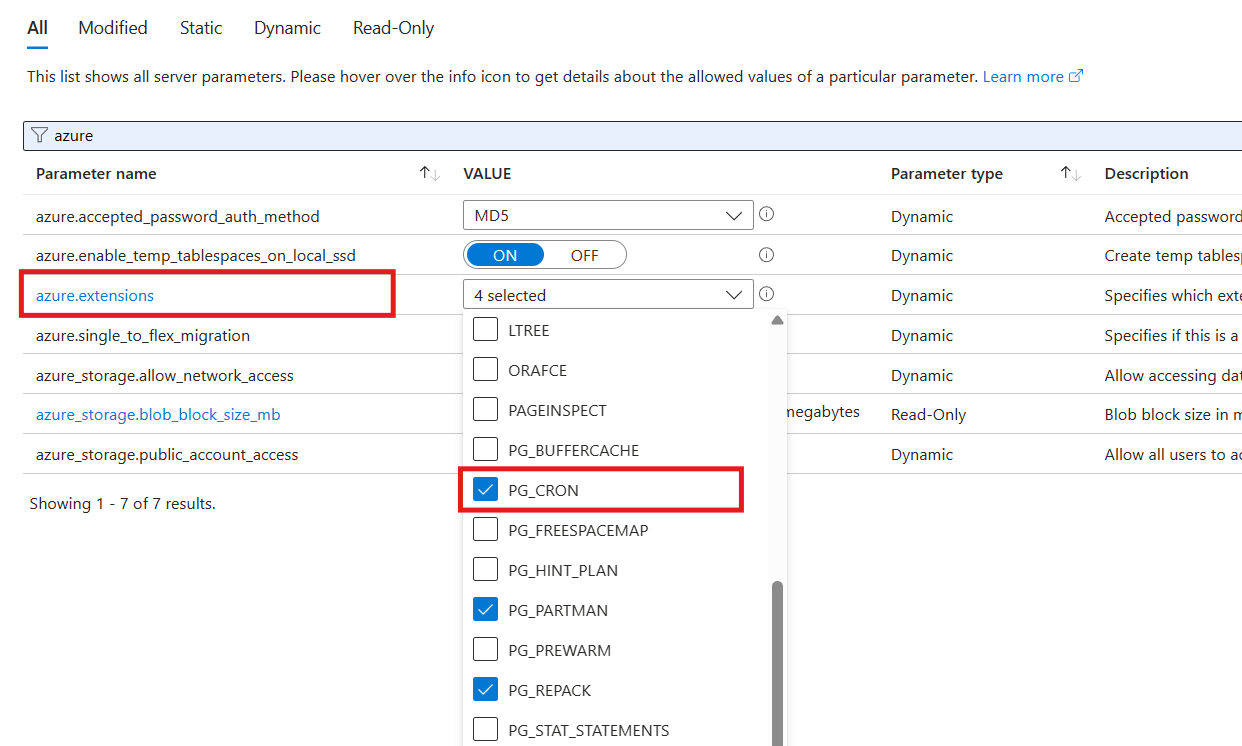 Screenshot that shows adding pg_cron to the server parameter for Azure extensions.