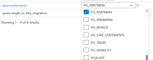 Screenshot that shows selection of the pg_partman extension in a list of Azure extensions.