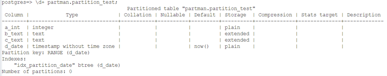 Screenshot of the table output for pg_partman.