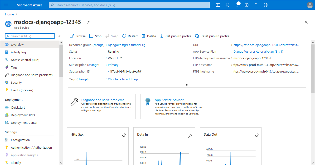 Manage your Python Django app in the Overview page in the Azure portal