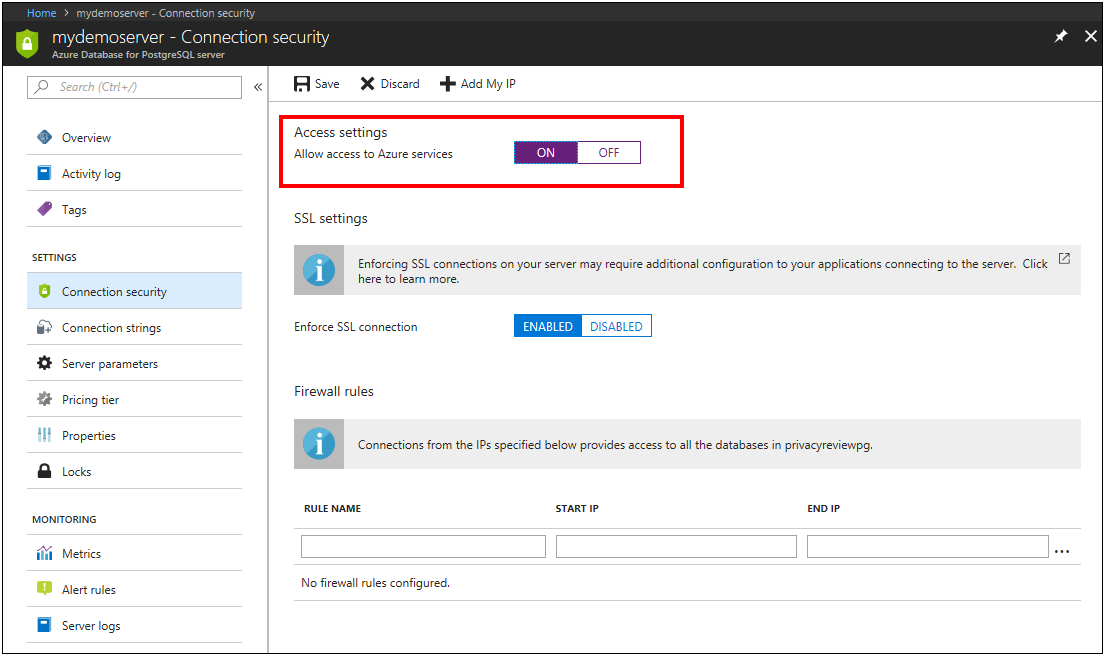 Configure Allow access to Azure services in the portal